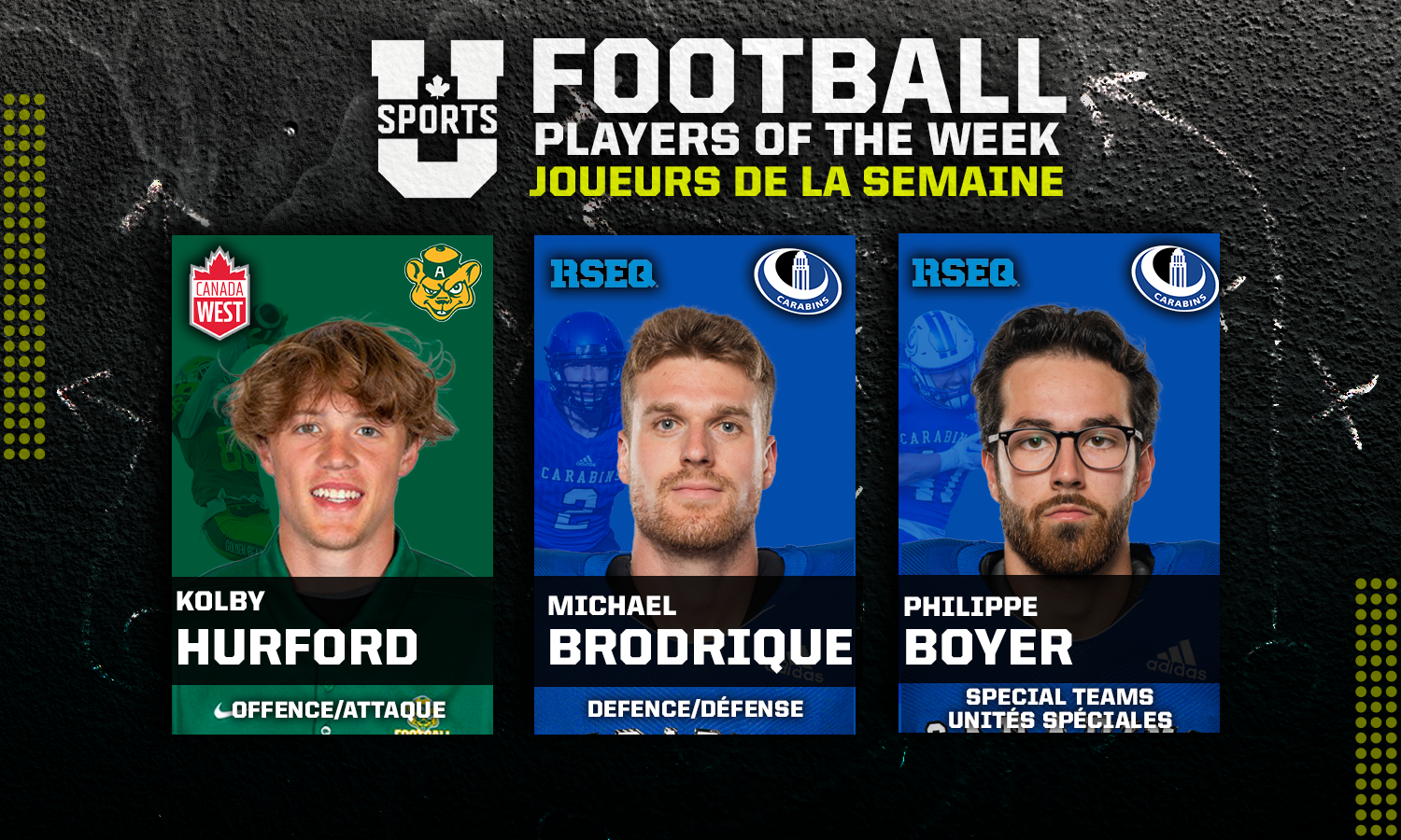 Hurford, Brodrique and Boyer named U SPORTS football players of the week —  Men's Football — U SPORTS
